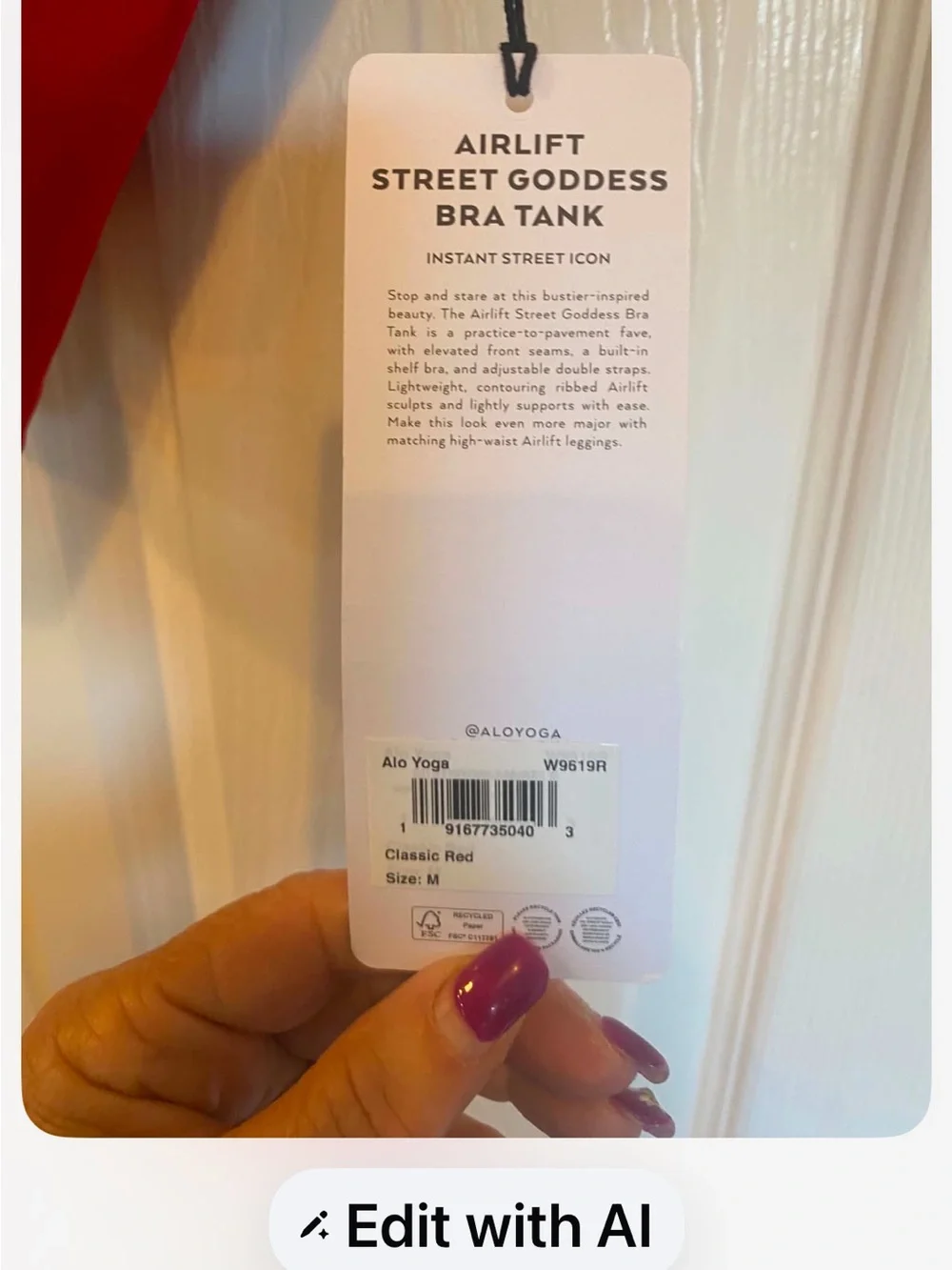 NWT Alo Yoga airloft street goddess bra tank CLASSIC RED Size M